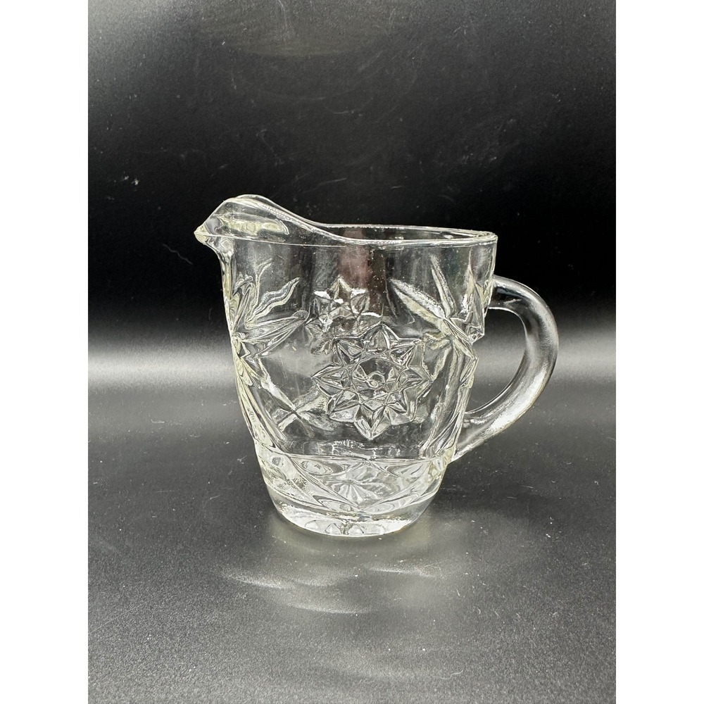 Vintage Pressed Glass Starburst Creamer Pitcher Clear Sunburst Pattern 4 inch